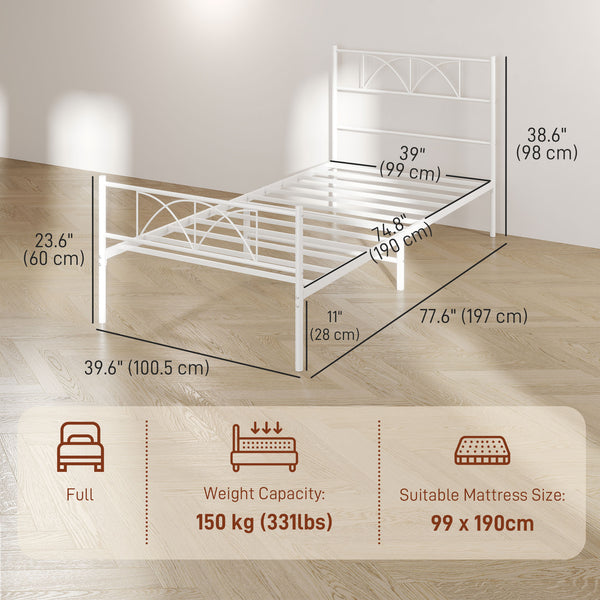 Single metal bed frame with headboard, white