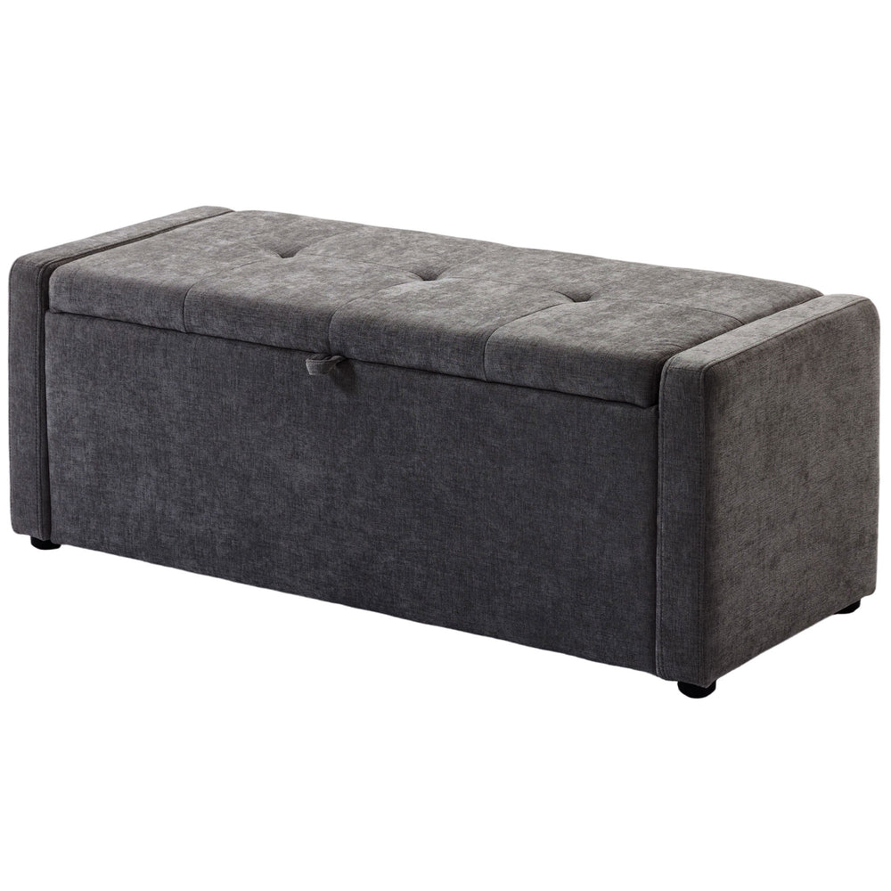Storage bench ottoman with linen-look fabric upholstery, wide padded seat, dark grey