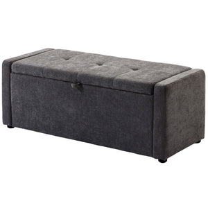 Storage bench ottoman with linen-look fabric upholstery, wide padded seat, dark grey