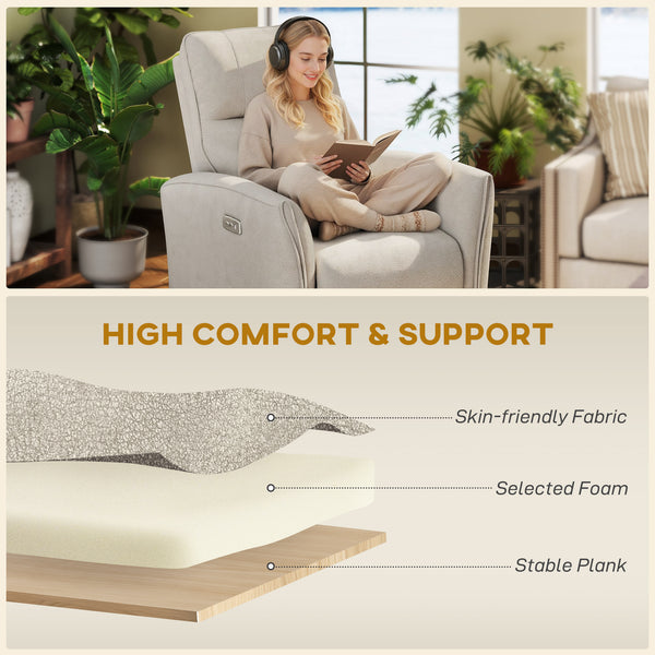 Electric reclining chair, fabric upholstery, USB ports, footrest, beige
