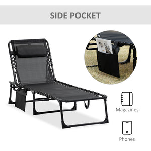 Folding chaise lounge with adjustable backrest and removable cushion, black 