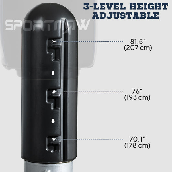 Freestanding, height-adjustable punching bag with fillable base, wrapped in polyurethane