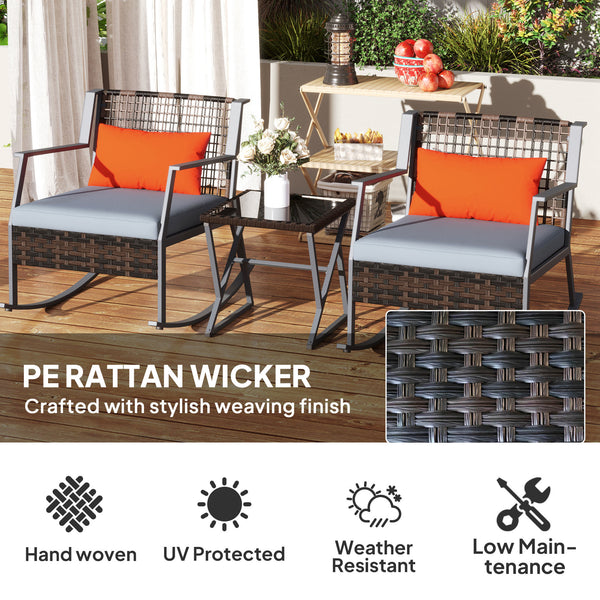 Wicker Rocking Bistro Set with Cushions and Glass Table, Grey