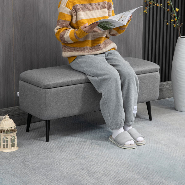 Linen Upholstered Storage Pouf with Steel Legs, Grey