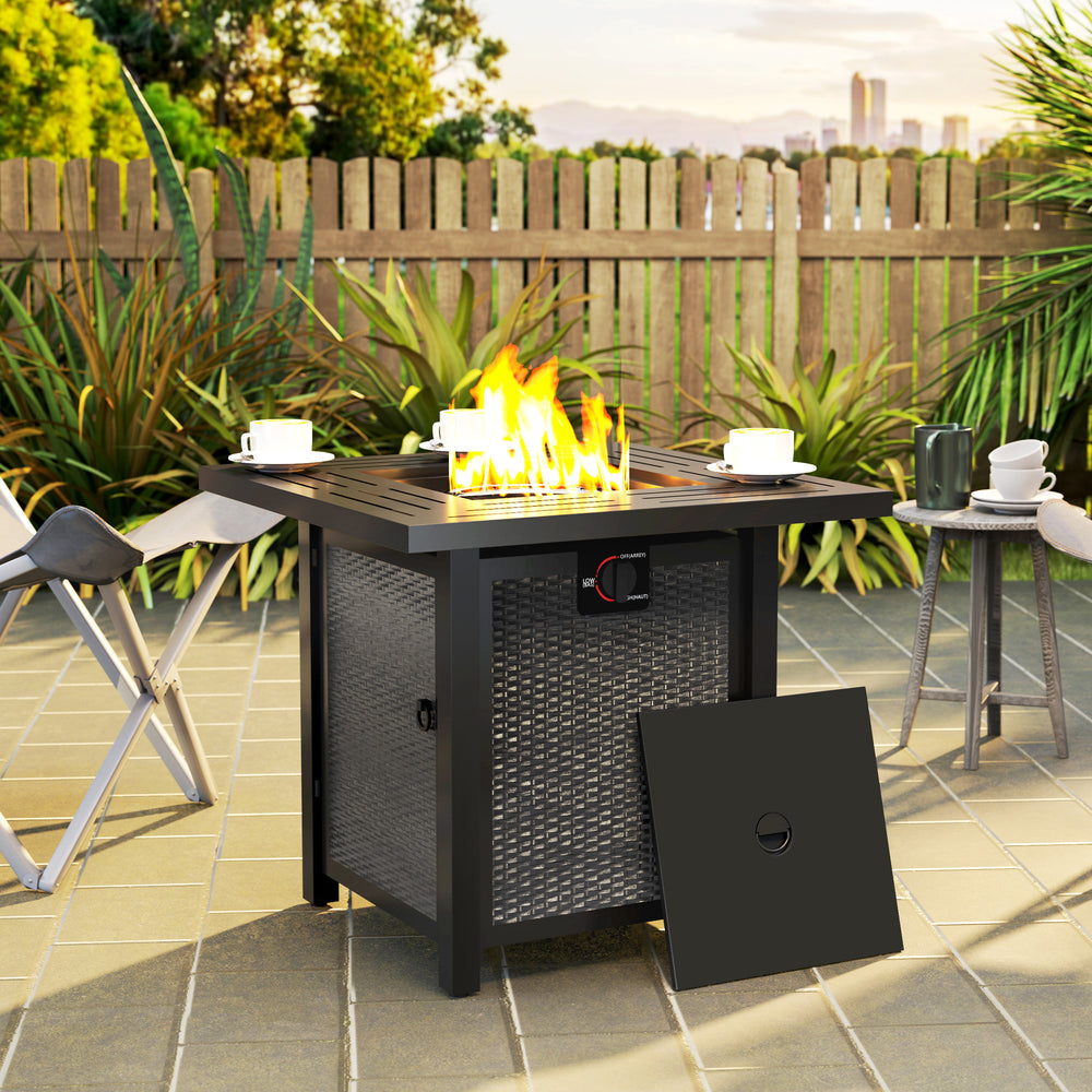 Square gas fire pit, smokeless, with cover, black