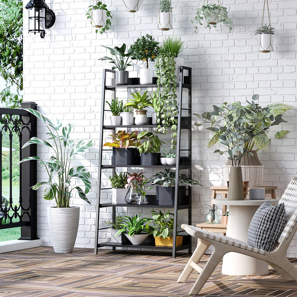 Modern bookcase with wide 5-tier shelves, metal frame, black