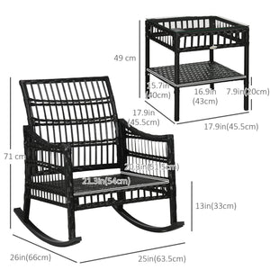 Bistro set with 2 PE rattan rocking chairs and a tempered glass table