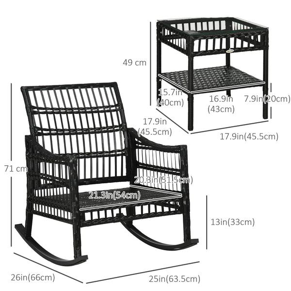 Bistro set with 2 PE rattan rocking chairs and a tempered glass table