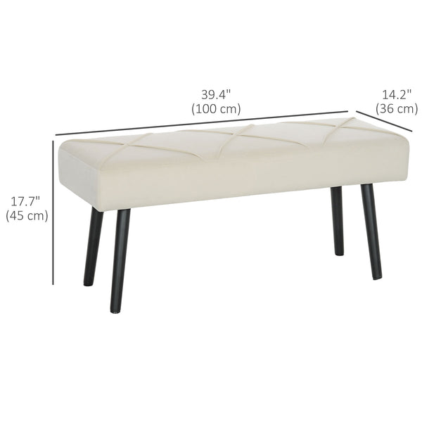 Modern upholstered bedroom bench with steel legs, cream white