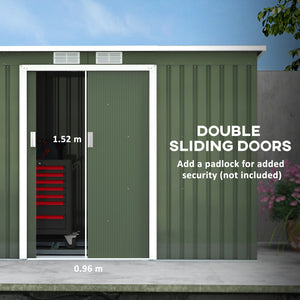 Metal garden shed with foundation kit, ventilation and doors, light green