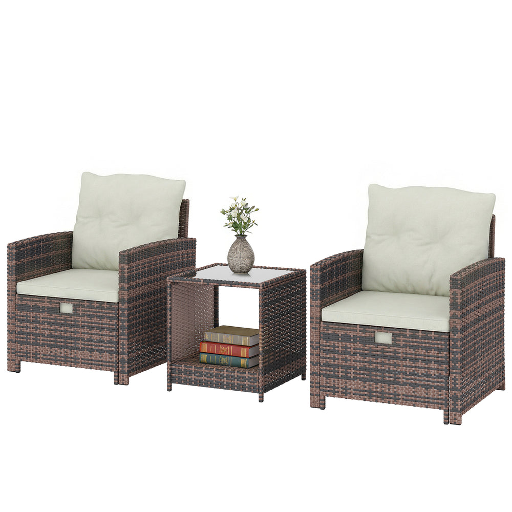 5 Piece Patio Furniture Set, Wicker Patio Chairs with Ottomans, 2-Tier Glass Coffee Table and Cushions, Brown/Cream