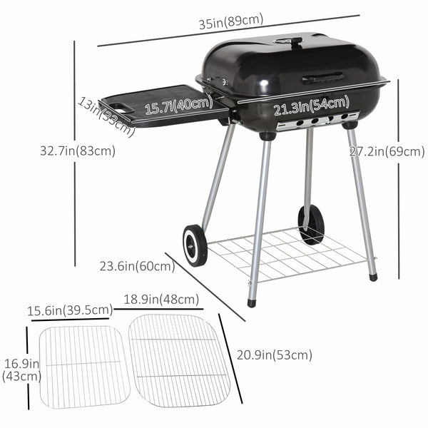 Charcoal BBQ Grill with Warming Rack & Storage Side Table, Portable Barbecue Smoker, 89 x 60 x 83 cm, Black