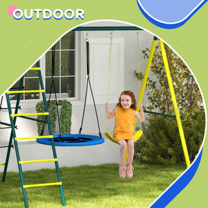 4-in-1 module with saucer swing, seat, climbing ladder/net and basketball hoop