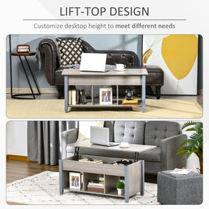 Lift-up coffee table with hidden compartment and 3 lower shelves, grey