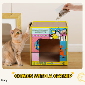 2-in-1 cardboard cat house with scratching board and catnip