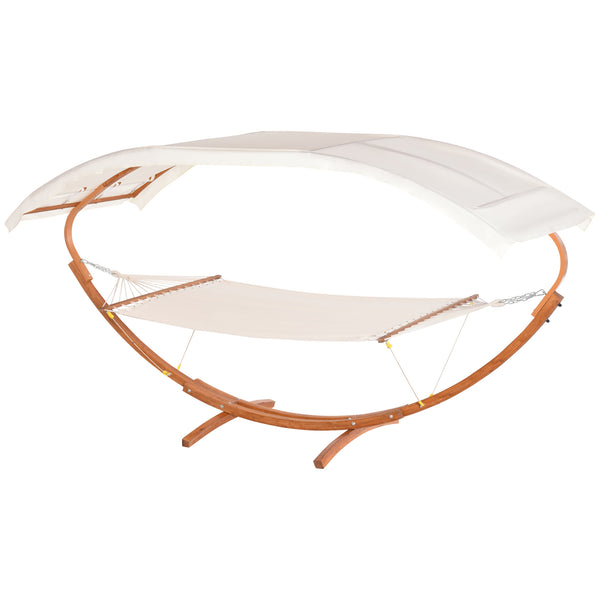 2-person hammock bed and stand set with wooden canopy, white/teak