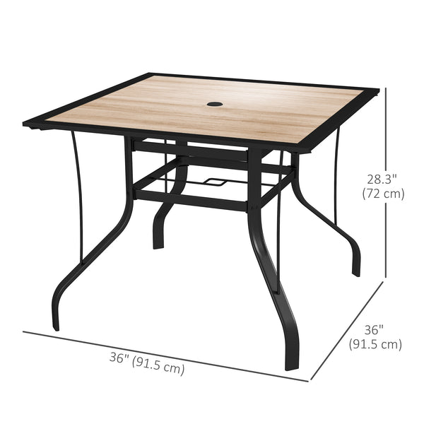 Square dining table with parasol hole and stainless steel frame