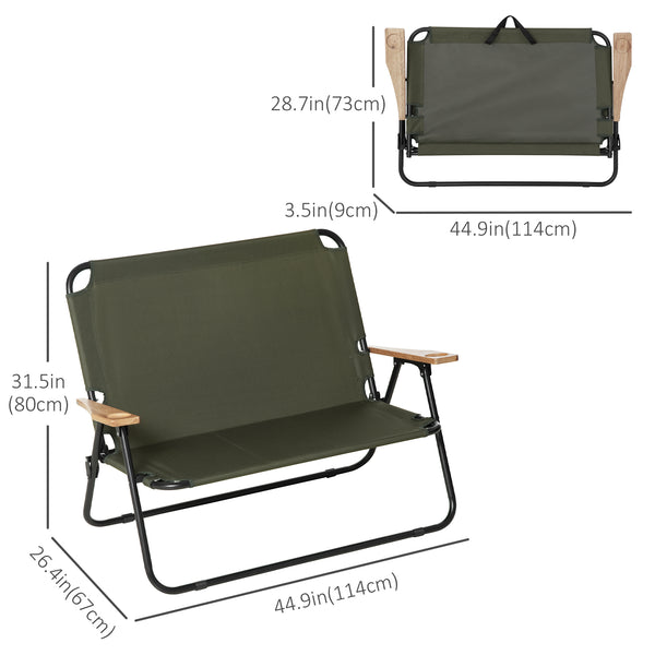 Double folding chair with wooden armrests, green