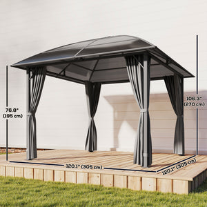10 ft x 10 ft rigid roof gazebo with steel frame, central hook and curtains, light grey, made of UV50+ anti-polycarbonate.