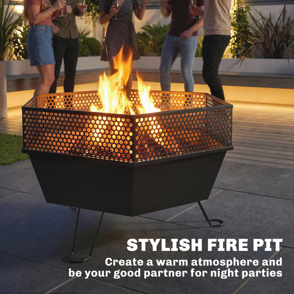 Outdoor Fire Pit 50 cm with Poker and Lid, Portable Fire Pit, Black
