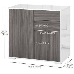 High-gloss lacquered sideboard with 2 drawers, 2 doors and an adjustable shelf, grey and white