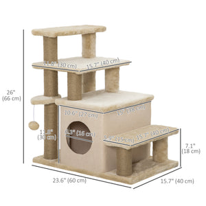Cat stairs with scratching posts and ball toy, beige