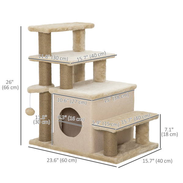 Cat stairs with scratching posts and ball toy, beige