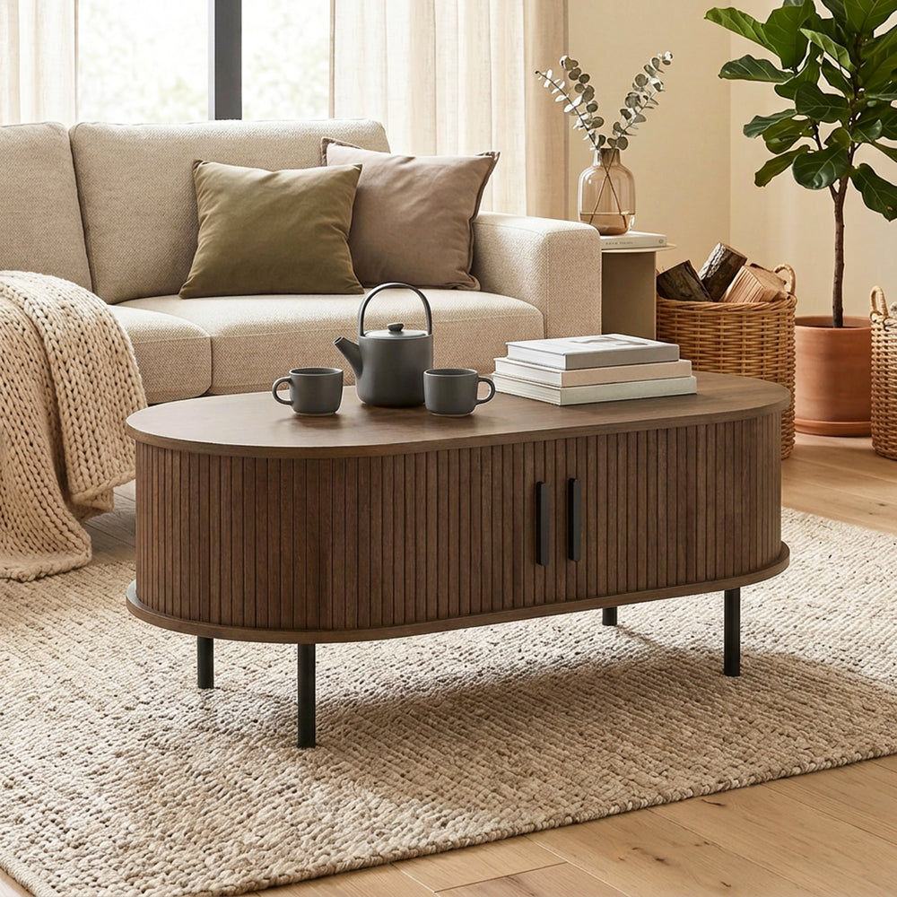 Coffee table with tambour sliding doors and central storage table, metal legs, brown