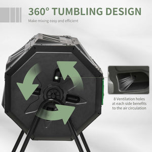 Rotating composter with double chamber, 360° rotation, green