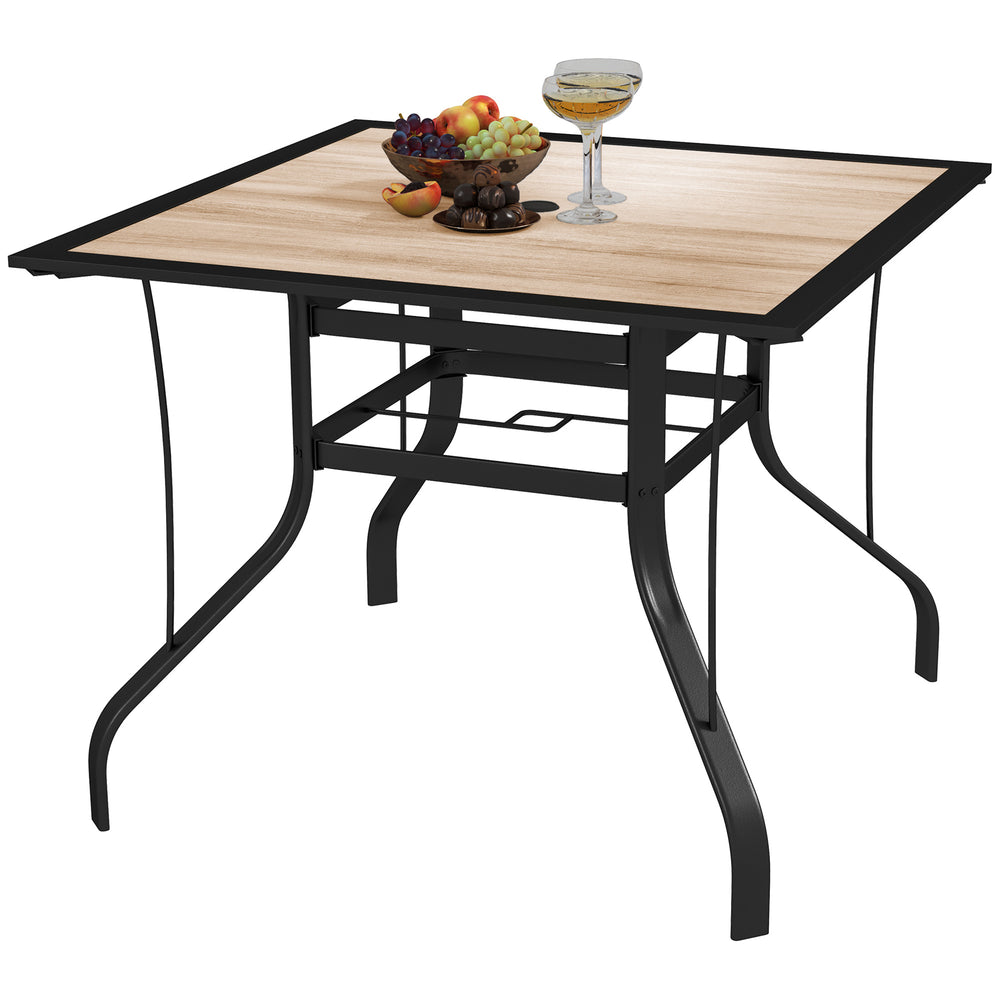 Square dining table with parasol hole and stainless steel frame