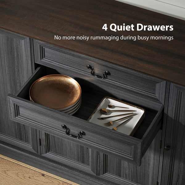 Farmhouse buffet with charging station and thick top with 2 soft-close drawers, gray/black