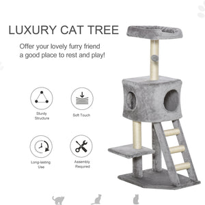 119 cm high cat tree with niche, ladder, scratching posts and hanging ball, light grey