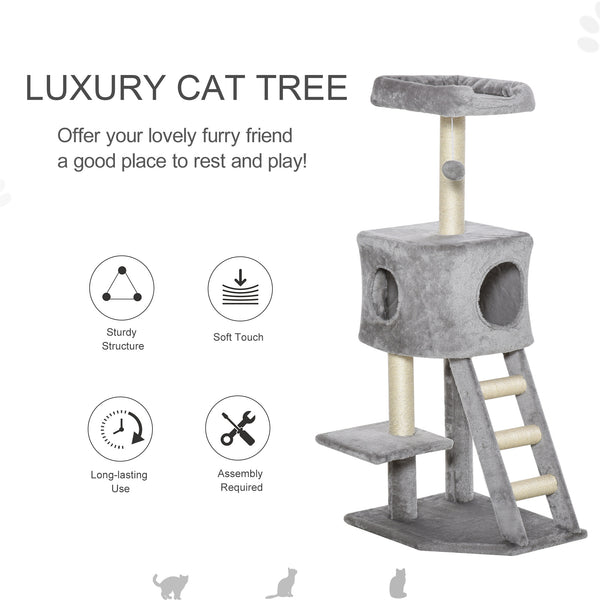 119 cm high cat tree with niche, ladder, scratching posts and hanging ball, light grey