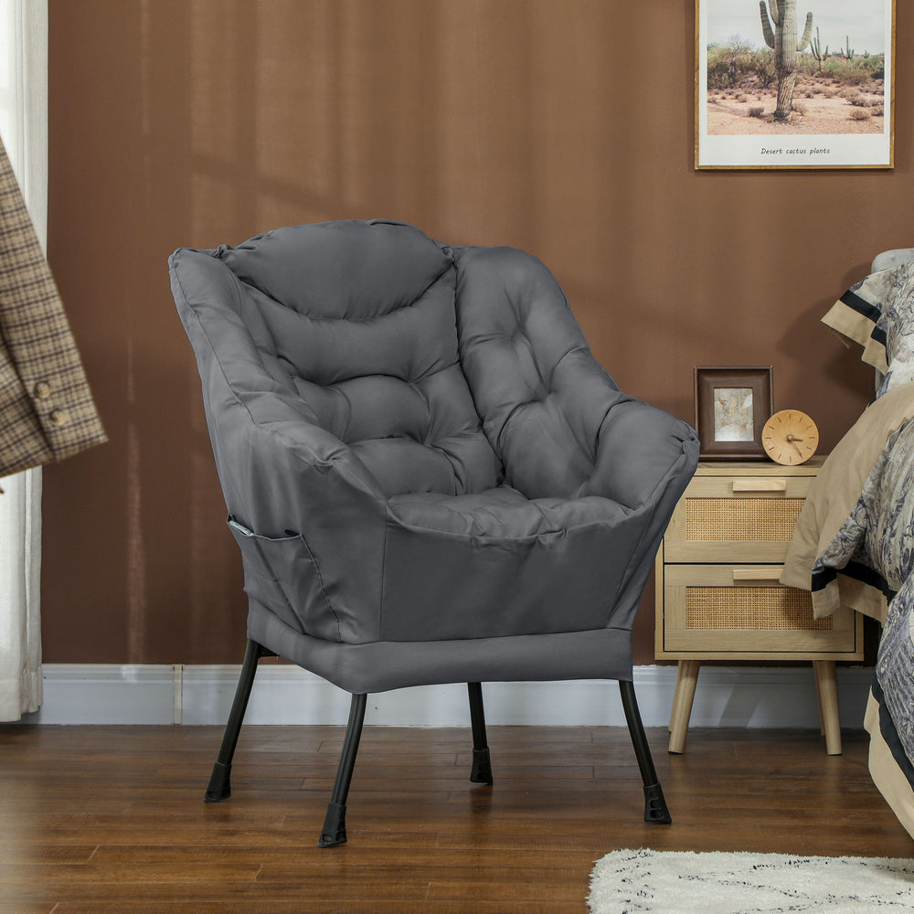 Modern accent chair with side pockets and solid steel legs, gray