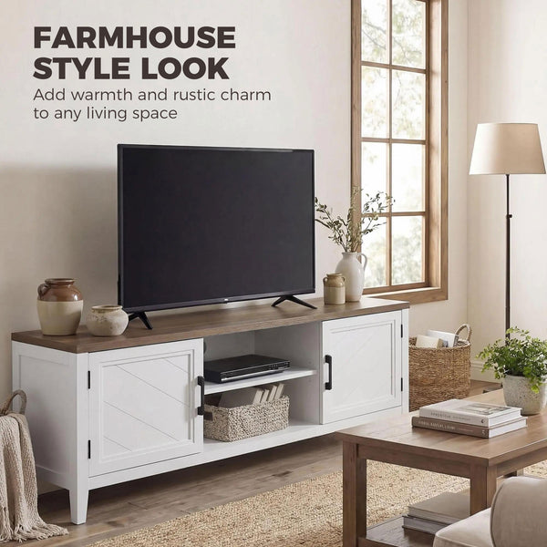 TV stand for TVs up to 42 inches with 2 open shelves, 2 cupboards, thick top, white and brown
