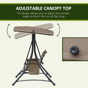 Swing chair for 3 people with high backrest and adjustable canopy, brown
