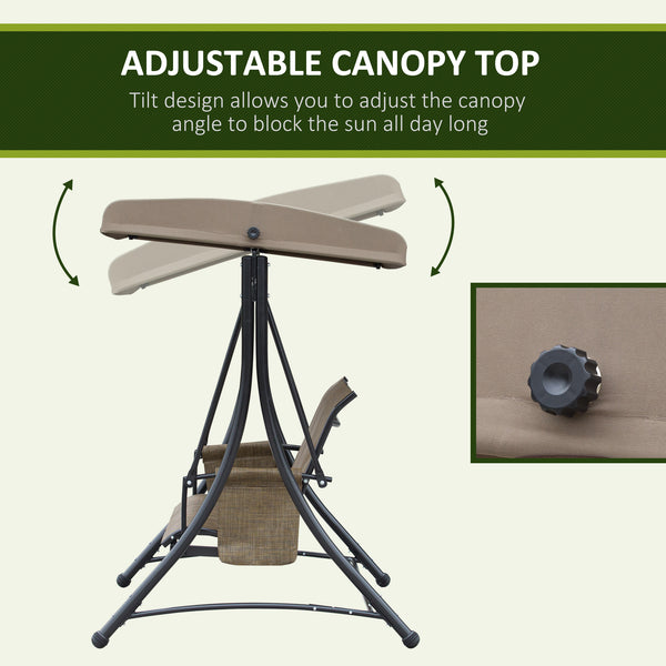 Swing chair for 3 people with high backrest and adjustable canopy, brown