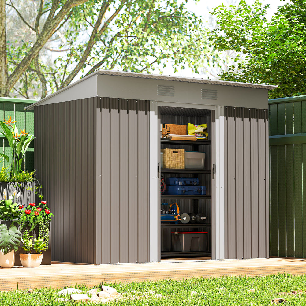 Metal garden shed with lockable sliding doors and ventilation