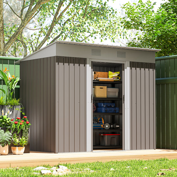Metal garden shed with lockable sliding doors and ventilation
