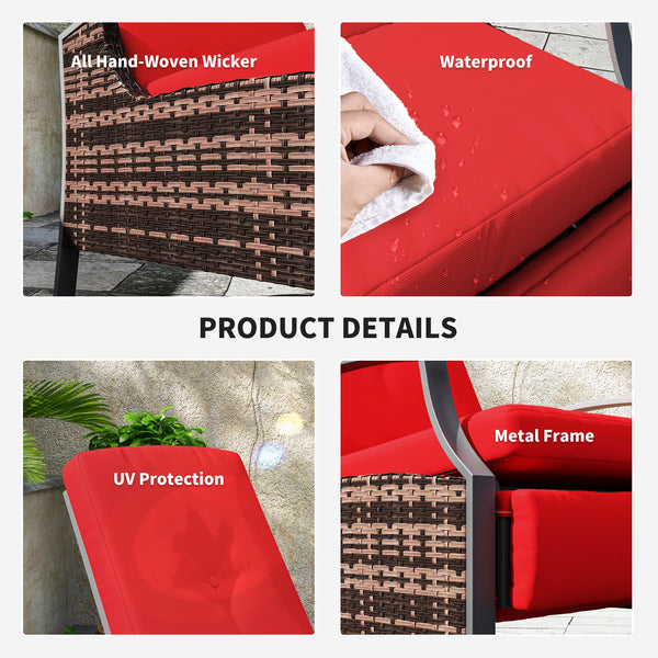 Outdoor Rattan Recliner Chair with Adjustable Backrest and Retractable Footrest, Wine Red Color
