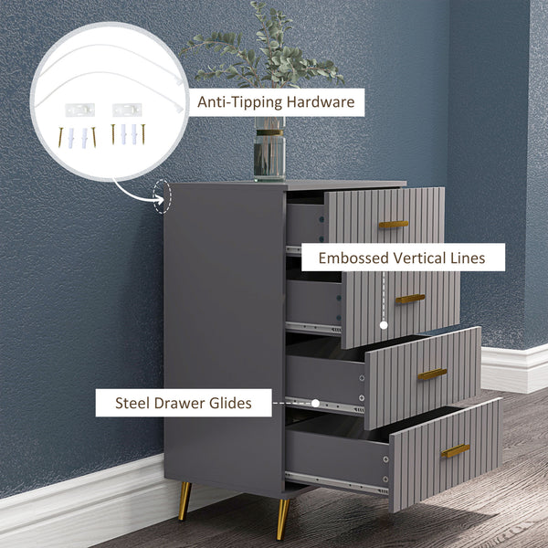 Chest of drawers with 4 drawers, aluminum legs and gold handles, dark grey.