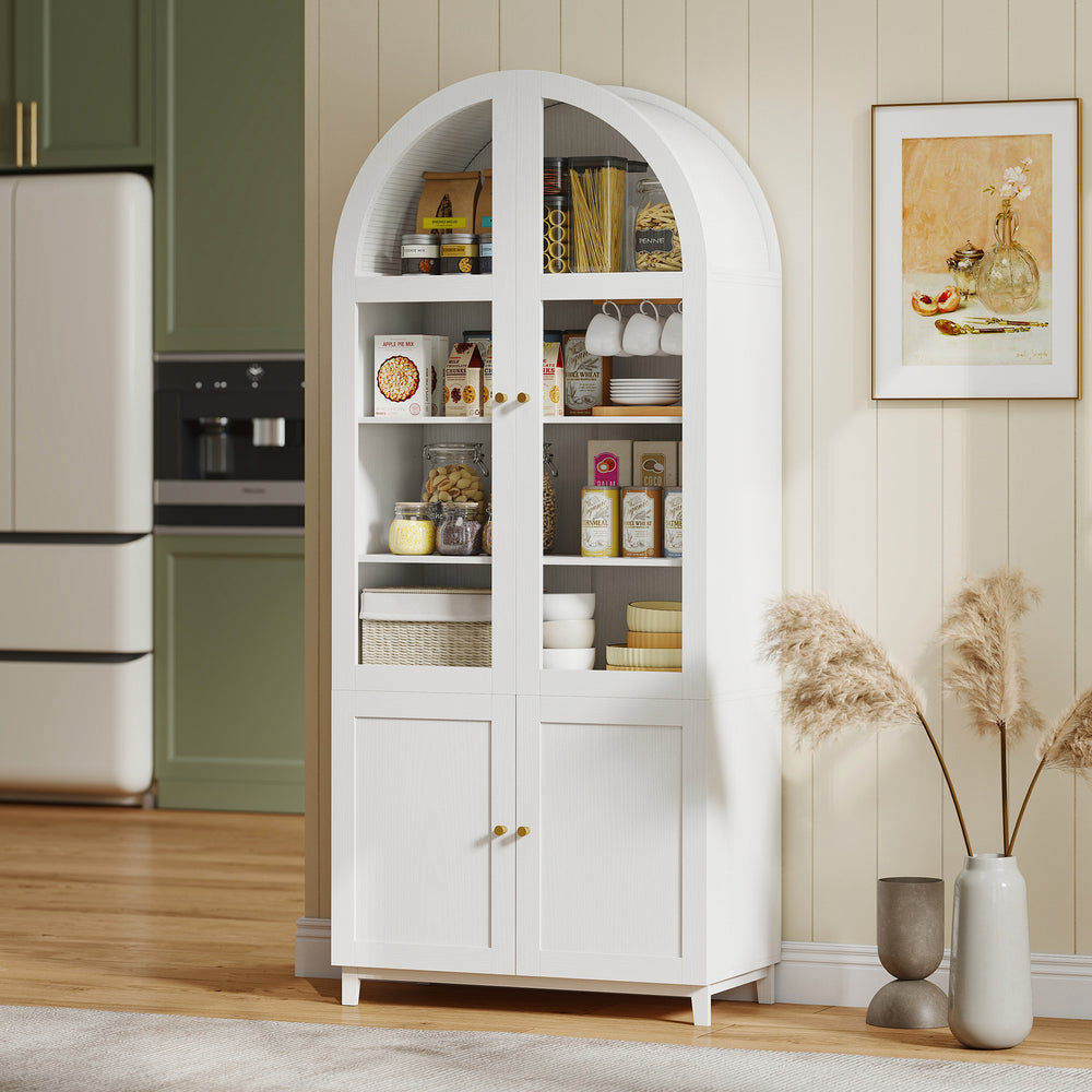 Tall white pantry with arched doors, cabinets and adjustable shelves, white