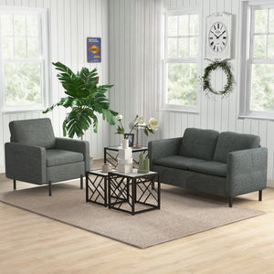 Upholstered 2 seater sofa with sturdy steel legs, dark grey