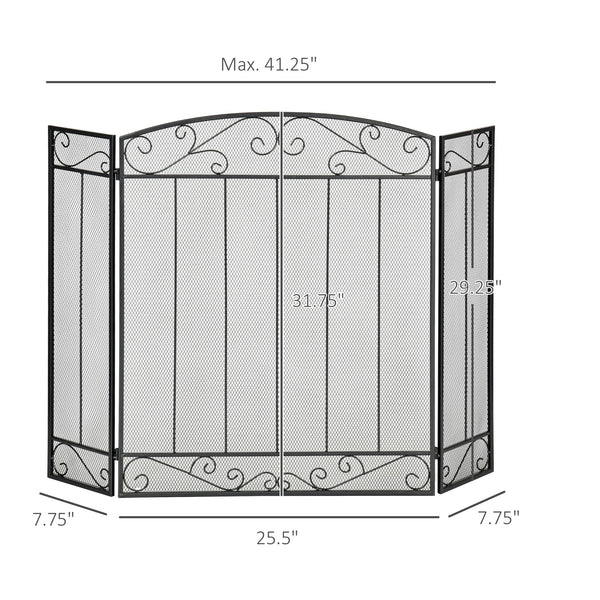3-Panel Folding Steel Mesh Spark Screen with Black Vine Pattern