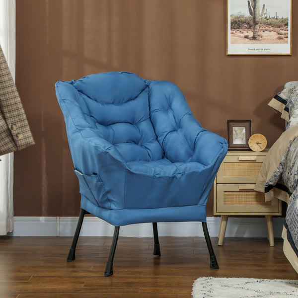 Accent chair with side pockets and solid steel legs, blue