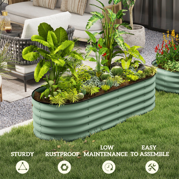 Raised galvanized steel planter with safety rim, green