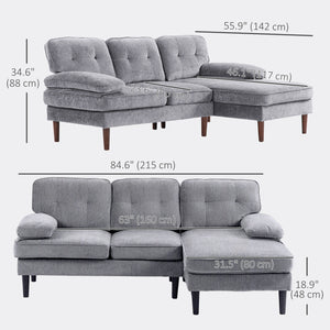 Modern corner sofa with chaise longue with wooden legs, gray