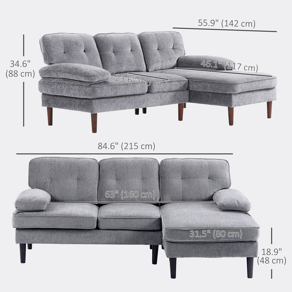 Modern corner sofa with chaise longue with wooden legs, gray