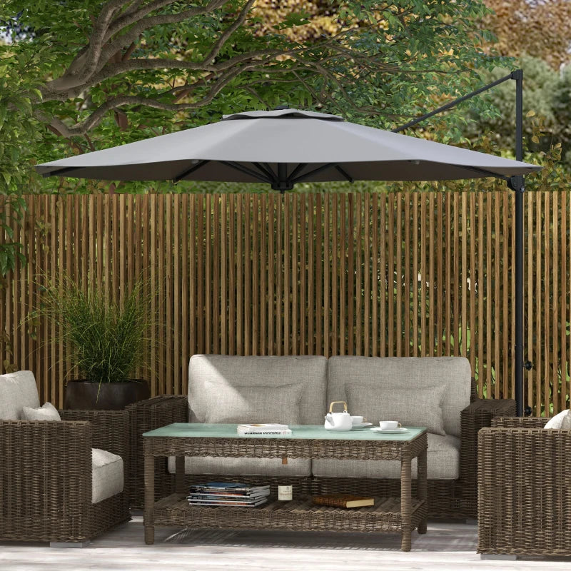 3 m offset parasol, aluminium, 360° rotating, with crank, tilting and cross base, grey