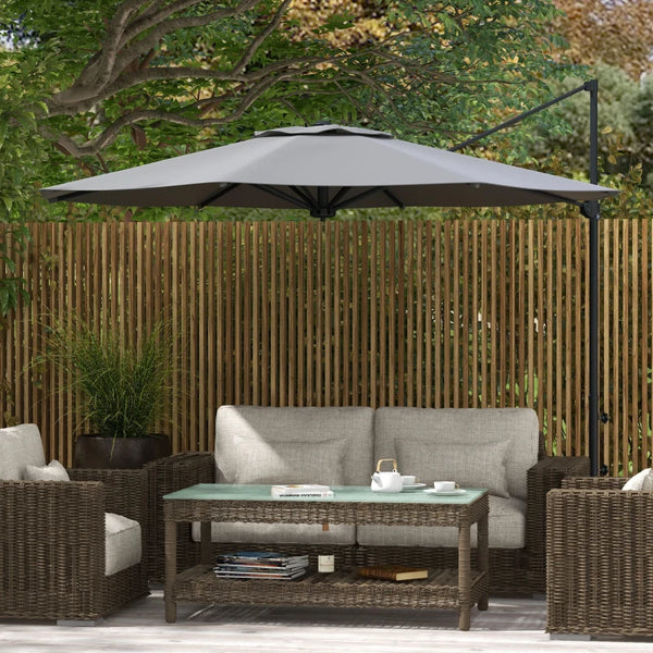 3 m offset parasol, aluminium, 360° rotating, with crank, tilting and cross base, grey